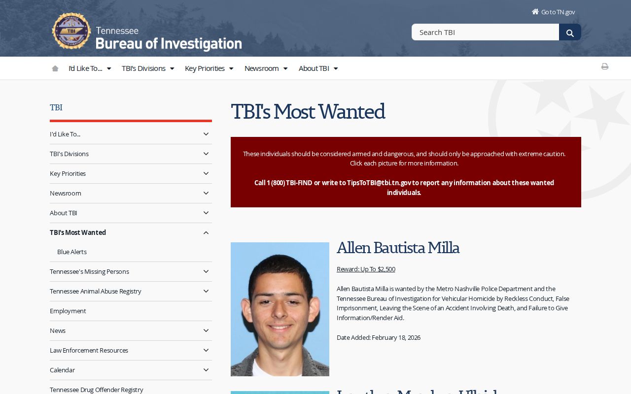 Gibson County warrant records, TBI most wanted statewide list information