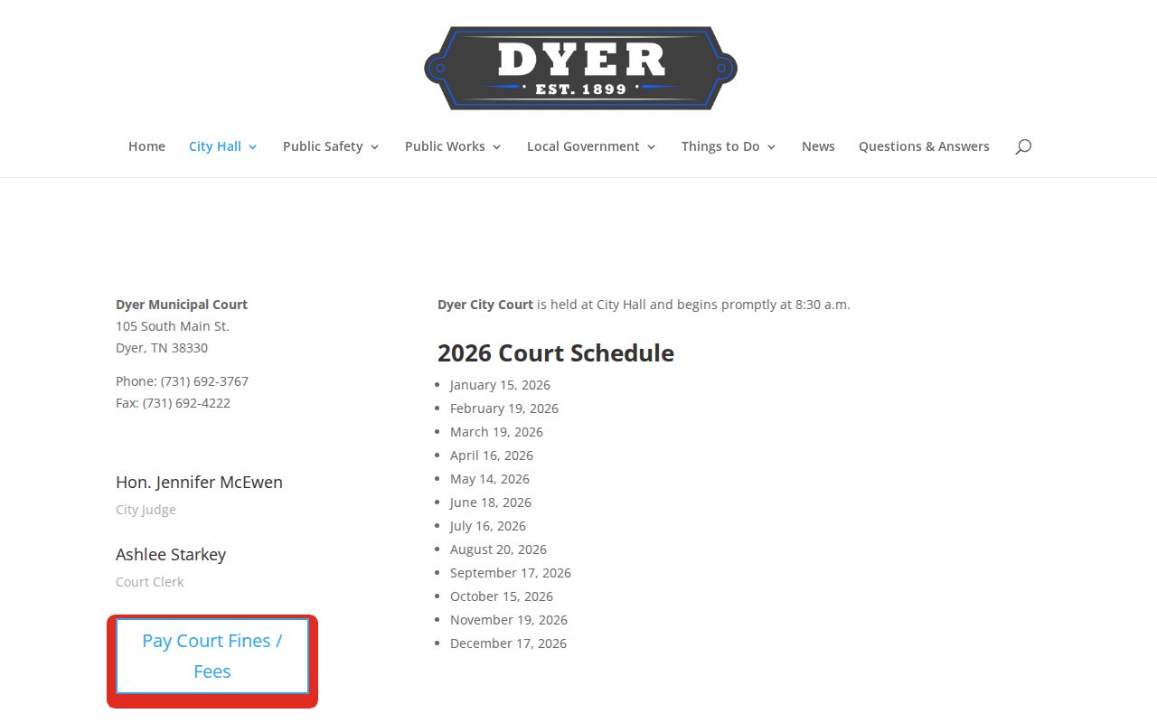 Dyer warrant records, Dyer Municipal Court calendar source